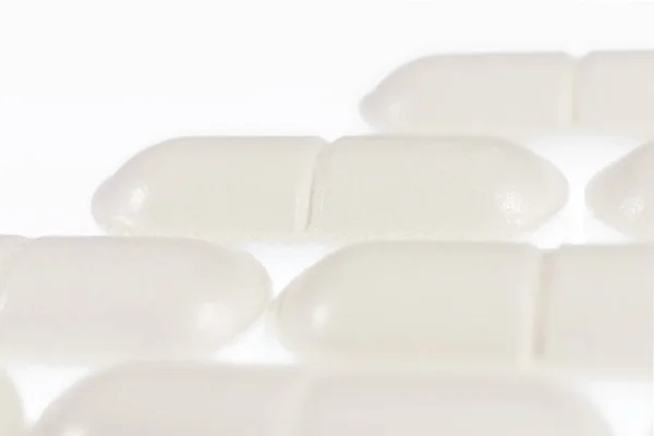 Στοιβάζονται Δισκία Λευκό Ιατρικής Φαρμακείο Χάπια Φόντο Μακροεντολή Κινηματογράφηση Πρώτο — Φωτογραφία Αρχείου