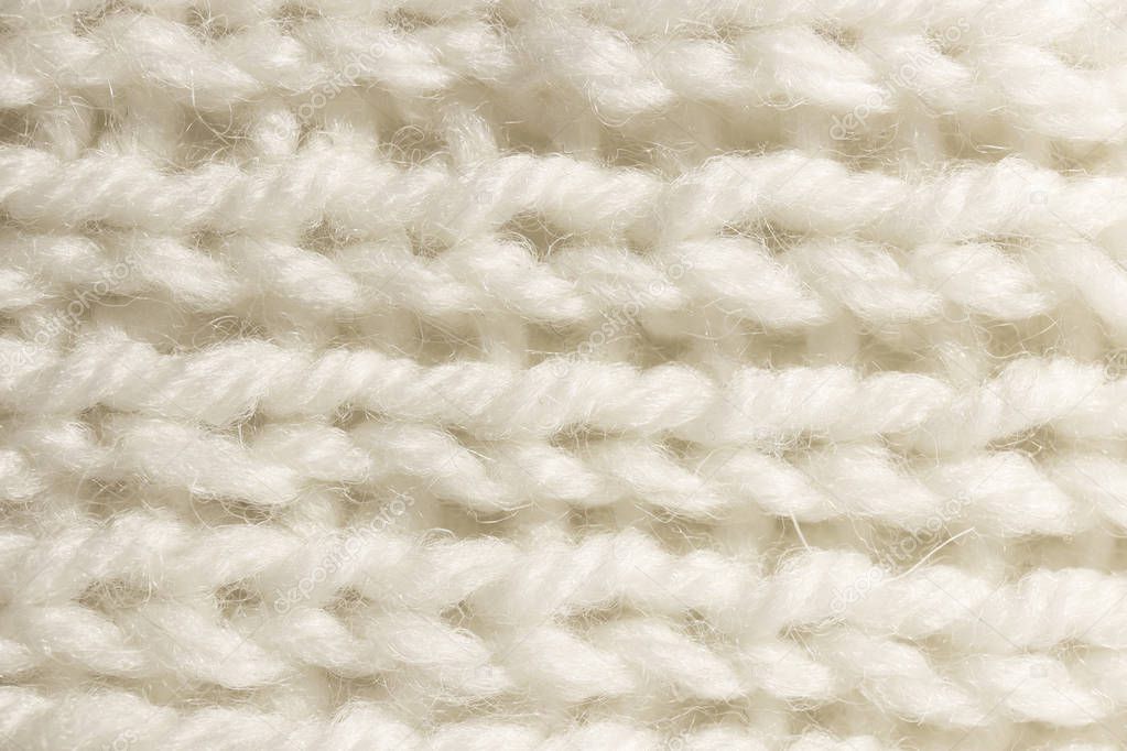White Wool Knitting Texture. Horizontal Along Weaving Crochet Detailed Rows. Sweater Textile Background. Macro Closeup.
