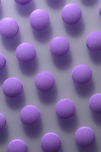 Texture Pilules Isolées Violettes Tablettes Médicales Contexte Macro Gros Plan — Photo