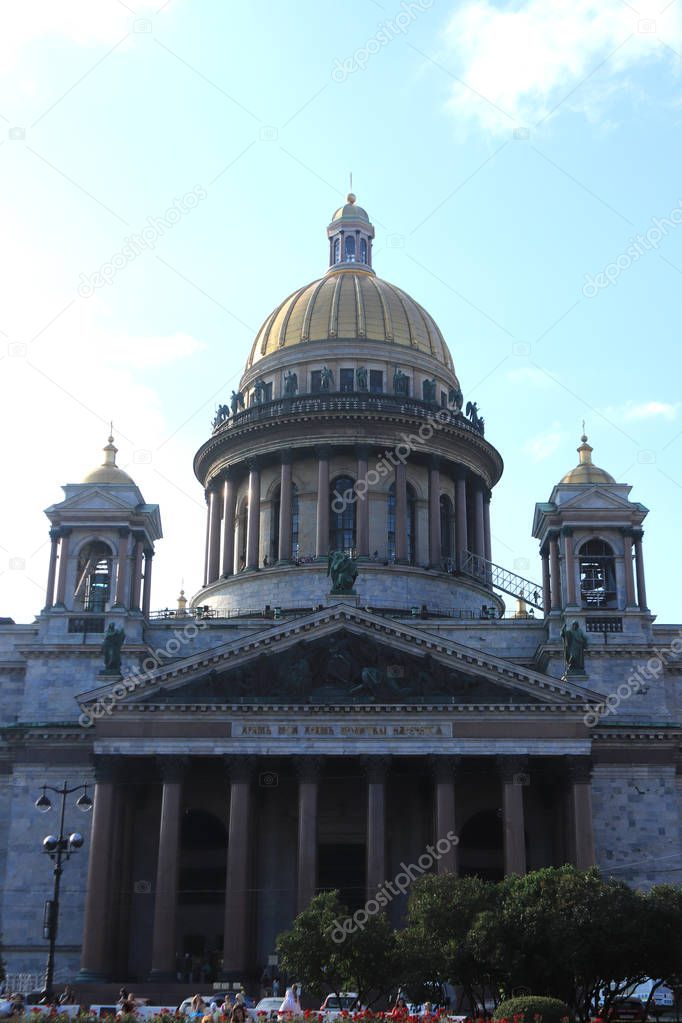 Isaac Cathedral dome facade with bell towers. Saint-Petersburg.