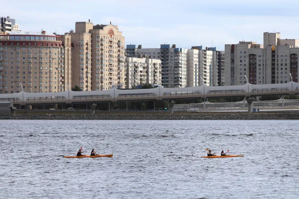 stock image Two kayaks are moving along the neva river of the sleeping area