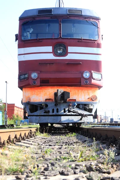 Red Locomotive Cabin Train Front Part Rail Transport Vehicle — Stock Photo, Image