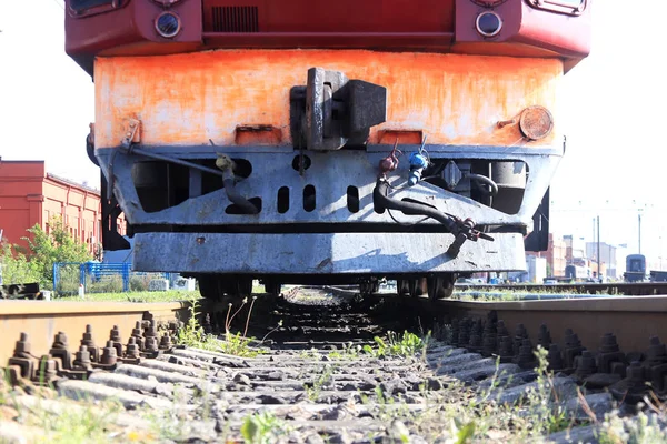Apuramento Entre Comboio Caminho Ferro Pára Choques Parte Frente Comboio — Fotografia de Stock