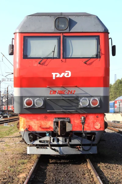 Red Locomotive Cabin Train Front Part Rail Transport Vehicle — Stock Photo, Image