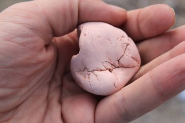 Sahilde elinde pembe taş.