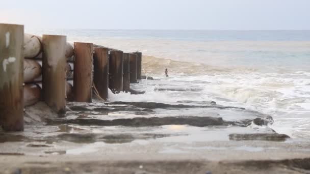 Valla Madera Costera Con Olas Entrantes Del Mar — Vídeo de stock