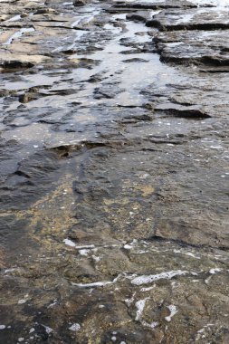 Islak deniz cliff deniz manzarası. Taş plaj arka plan.