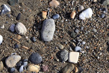 Cobblestones sahilde. Deniz arka plan.