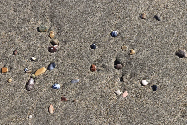 Islak kum üzerinde lekeleri farklı taşlarla. Nadir çakıl arka plan. Plaj güzellik zemin.