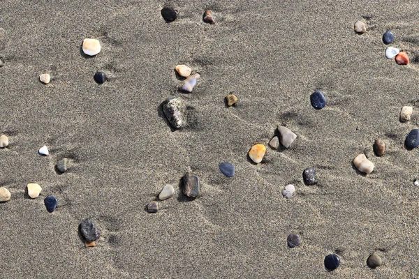 Farklı taş ıslak kum üzerinde. Nadir çakıl arka plan. Plaj güzellik zemin.