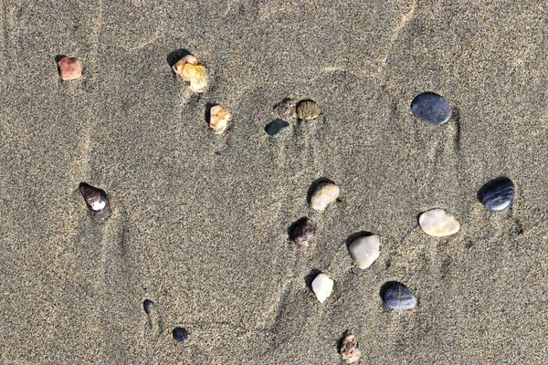 Islak kum üzerinde lekeleri farklı taşlarla. Nadir çakıl arka plan. Plaj güzellik zemin.