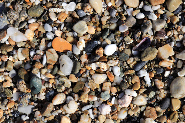 Different stone pebbles on the beach. Nautical marine background.