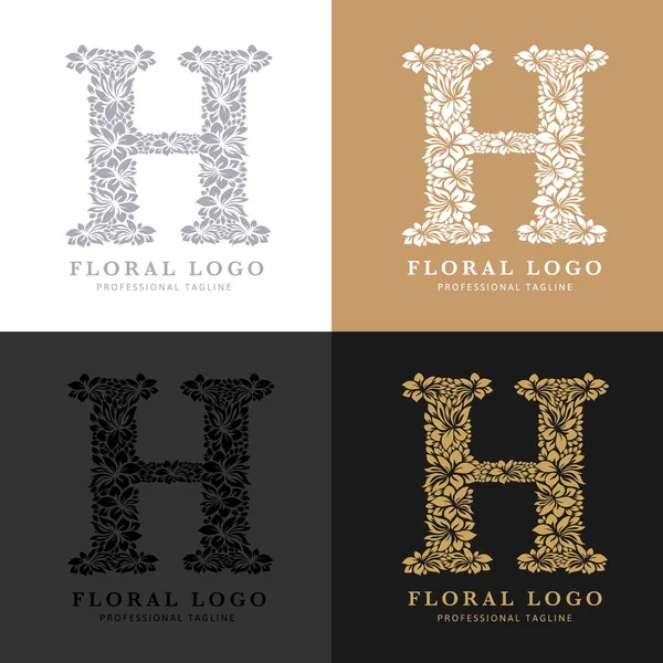Çiçek Harfi H Logosu. Çiçekler ve Yapraklar Logotype. El Yapımı Çizim.