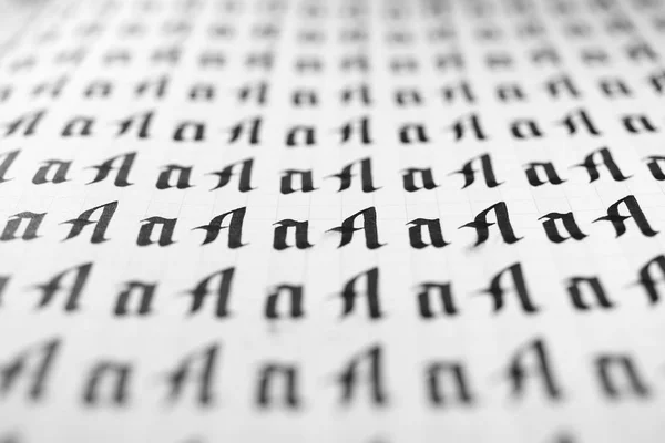 Calligraphy black and white letters A background. Lettering practice writing worksheet. Handwriting symbol filling pattern. Calligraphic letter A learning skills paper page.