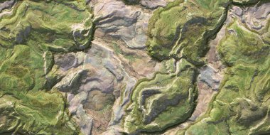 Yeşil peyzaj topografisi üst görünüm dokusu. Arka planda 3 boyutlu coğrafya dağ bölgesi haritası. Tepelerin arazi yapısı yukarıdan görünüm arkaplanı.