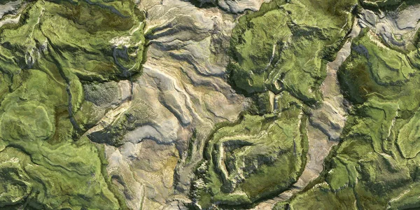 3D green ground geography mountain district map atop background. Hills field landform from above view backdrop. Landscape topography top view texture.