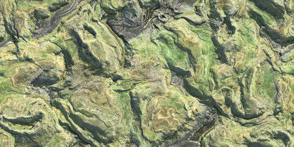 Green grass 3D geography mountain district map atop background. Hills field landform from above view backdrop. Landscape topography top view texture.