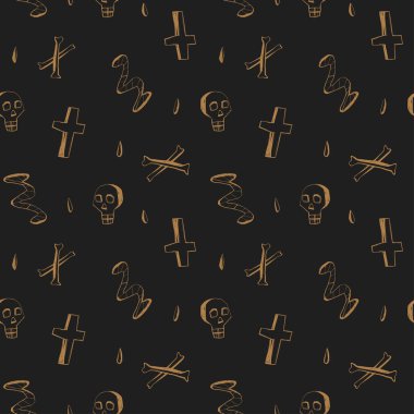 Kafatası desenli koyu renkli cadılar bayramı deseni ay ışığı ve tüyler ürpertici karalamalar kumaş duvar kâğıdı parti davetiyeleri için harika.