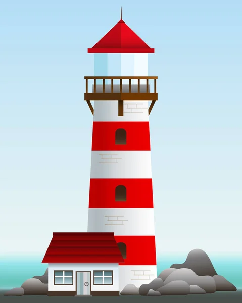 Lighthouse Small House Rock Vector Illustration Landscape — Stock Vector