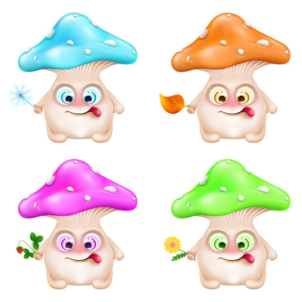 Komik karikatür renkli mantar vektör kümesi. Kış, sonbahar, yaz, bahar. Sezon sembolleri.