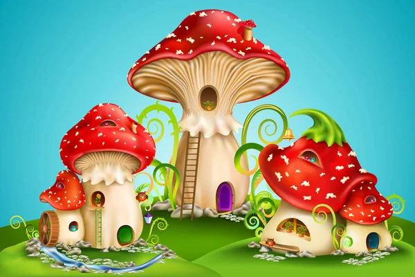 sihirli mantar grup. su değirmeni, altın çan ve baykuş kırmızı mantar peri evleri