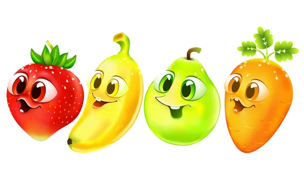 funny cartoon fruit with big eyes. food set. emotion strawberry, banana, pear, carrot