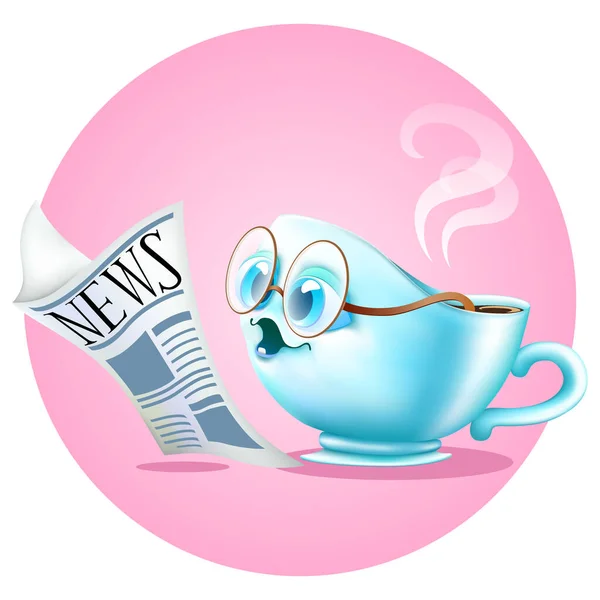 Komik çizgi film kahve fincanı pembe arka planda gazete okuyor.
