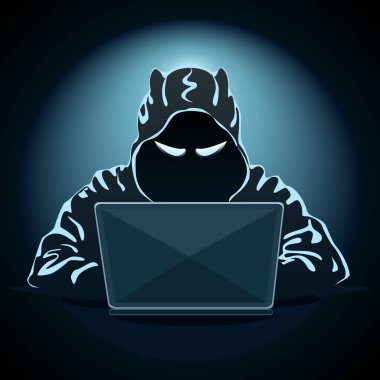 Karanlık bir geçmişi olan gizemli bir bilgisayar korsanı. İnterneti hackliyorum. Siber suçlar. Vektör illüstrasyonu.