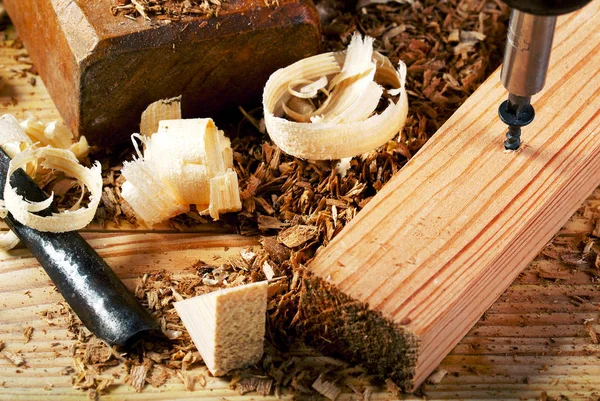 Carpenter tools on wood table background. Copy space. Top view — Stock Photo, Image