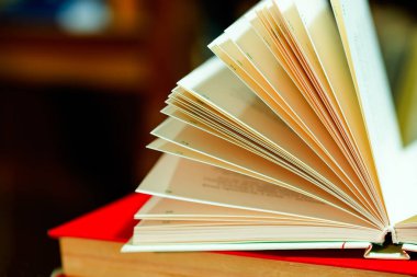 Açık kitap masada. Okula dönüş. Kopya alanı