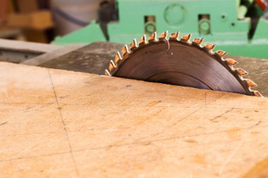 Talaş ile ahşap masa üstünde alet marangoz. Daire testere. Bir ahşap tahta kesme