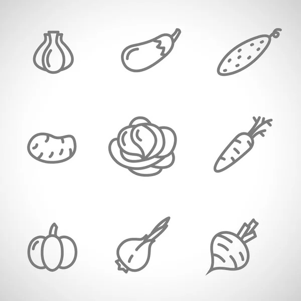 Conjunto de iconos de verduras planas dibujando con líneas negras sobre fondo blanco — Vector de stock