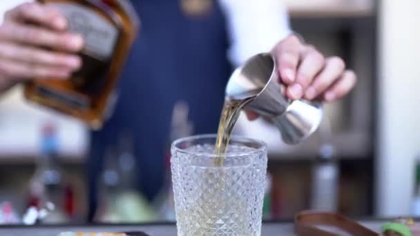 Barmen viski bir cam içine dökülen. — Stok video