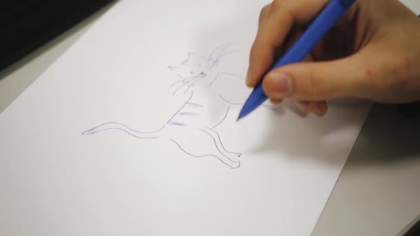 Человек рисует кошку на бумаге — стоковое видео