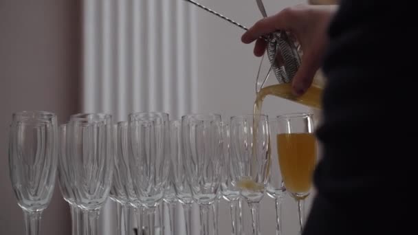 Cocktail hälla från en shaker i glasögon — Stockvideo