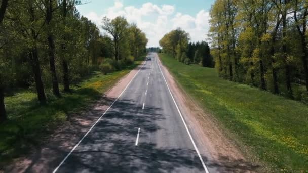 The drone flies exactly over the road to meet a moving car — Stock Video