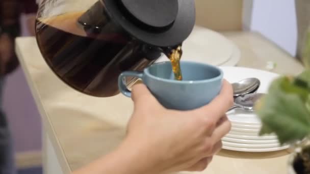 Una persona vierte té elaborado de una tetera transparente en una taza de cerámica. — Vídeo de stock