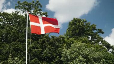 A truly splendid view of the Danish flag fluttering proudly amidst vibrant lush greenery and nature