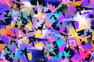 Mavi, pembe, sarı, turuncu renklerde kusursuz fırça darbeleri. Fırça izleri taşıyan renkli kamuflaj izleri. Gökkuşağı Grunge Grafiti sokak sanat duvar kağıdı