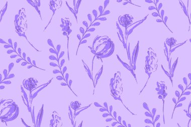 Mor arkaplanda basit vektör suluboya çiçek deseni. Kusursuz çiçek izleri, yapraklar, devasa süsler. Tekstil, ambalaj kağıdı, kumaş için çiçek suluboya baskısı