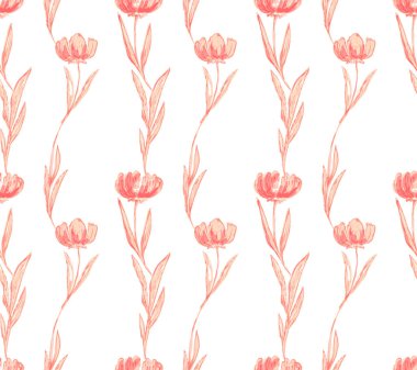 Beyaz arka planda vektör dekoratif kusursuz çiçek deseni. Kırmızı çiçek süsü. Tekstil, ambalaj kağıdı ve kumaş için çiçek suluboya baskısı. Şakayık süsü