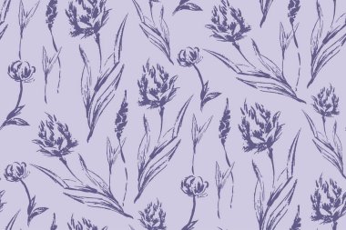 Tek renkli mor tonlarda yabani çiçekler ve otlar çizilmiş kusursuz botanik desen. Kumaş, tekstil, duvar kağıdı, ambalaj kağıdı ve yüzey dekorasyonu için zarif bir çiçek tasarımı..