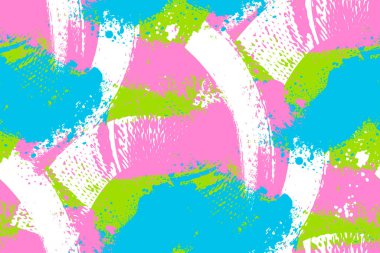 Soyut, pürüzsüz fırça izi. Mavi, yeşil, pembe ve beyaz renklerde desenli fırçalar. Spor tekstili, giysi, ambalaj kağıdı için Grunge desenli baskı.