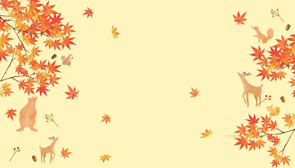 Akçaağaç Yaprağı - Şık Sonbahar Bitkisi ve Orman Hayvanı Çerçevesi Çizimi Vektör Malzemesi