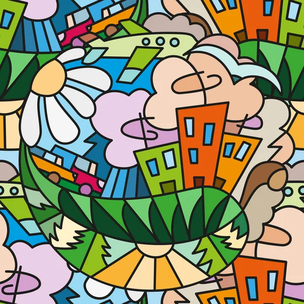 Dikişsiz parlak desen. Şehir görüntüsü. Ekoloji Tema.