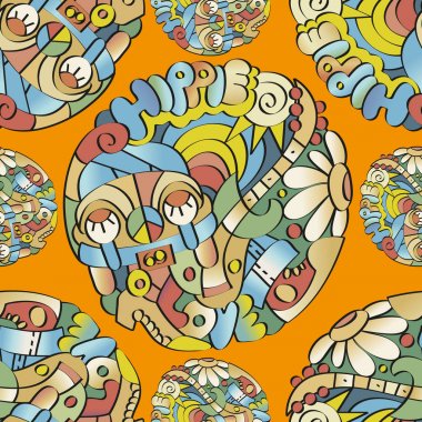 Dikişsiz parlak desen. Hippi teması. El çizimi Doodle elemanları.