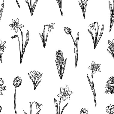 Bahar çiçekleri pürüzsüz desen. Kar taneleri, laleler, narsisler, nonoşlar, kruvazörler, sümbüller. Retro oyma biçimi tasarımı.