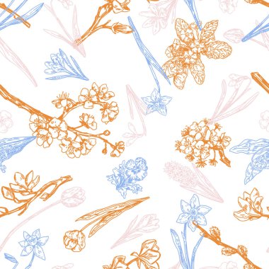Bahar botanik kusursuz desen. Çiçek açan ağaç dalları, yabani çiçekler. Retro oymacılık biçiminde vektör tasarımı.
