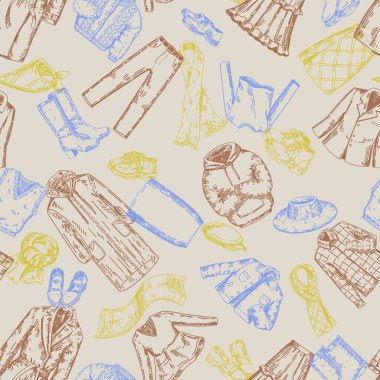 Kıyafetler kusursuz desen. Giysiler, ayakkabılar, aksesuarlar. Retro oyma biçimi tasarımı.