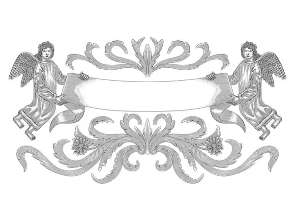  Bayrak ve çiçeklerle süslenmiş aşk meleği, eski gravür tarzı çizimler.